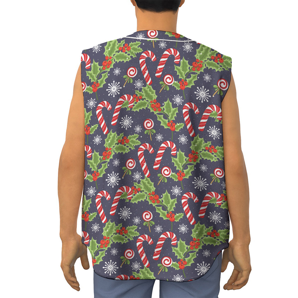 Christmas Berry And Candy Pattern Print Sleeveless Baseball Jersey