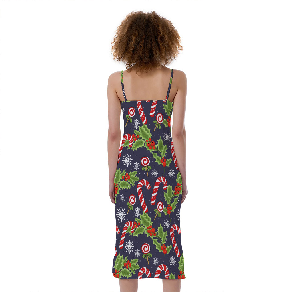Christmas Berry And Candy Pattern Print Slim Fit Midi Cami Dress