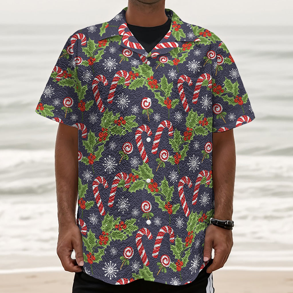 Christmas Berry And Candy Pattern Print Textured Short Sleeve Shirt