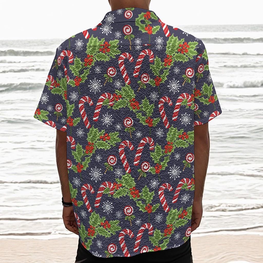 Christmas Berry And Candy Pattern Print Textured Short Sleeve Shirt