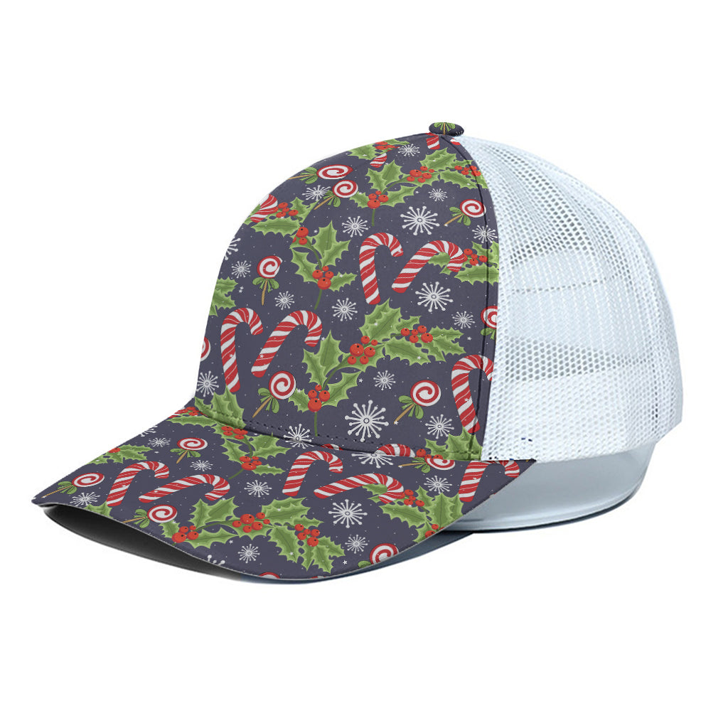 Christmas Berry And Candy Pattern Print White Mesh Trucker Cap