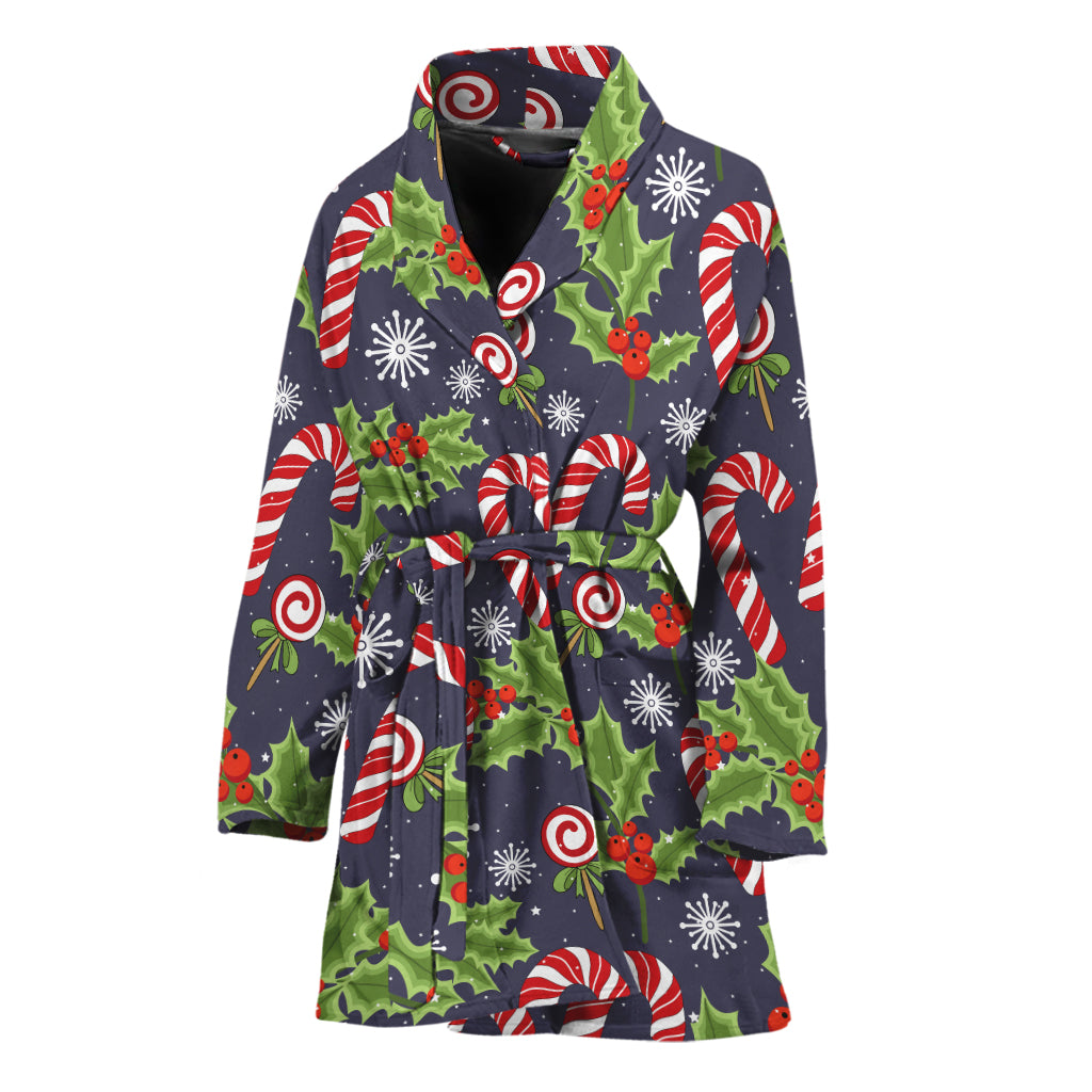 Christmas Berry And Candy Pattern Print Women's Bathrobe