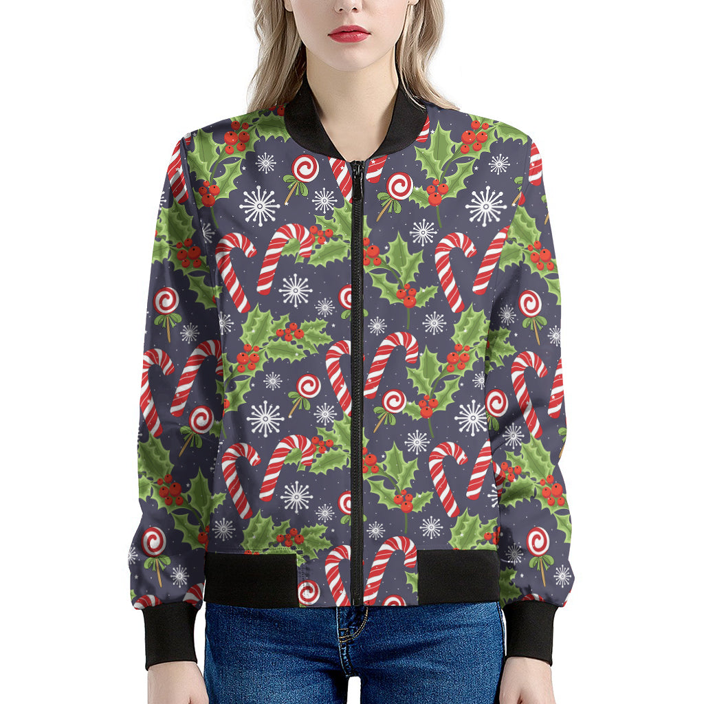 Christmas Berry And Candy Pattern Print Women's Bomber Jacket