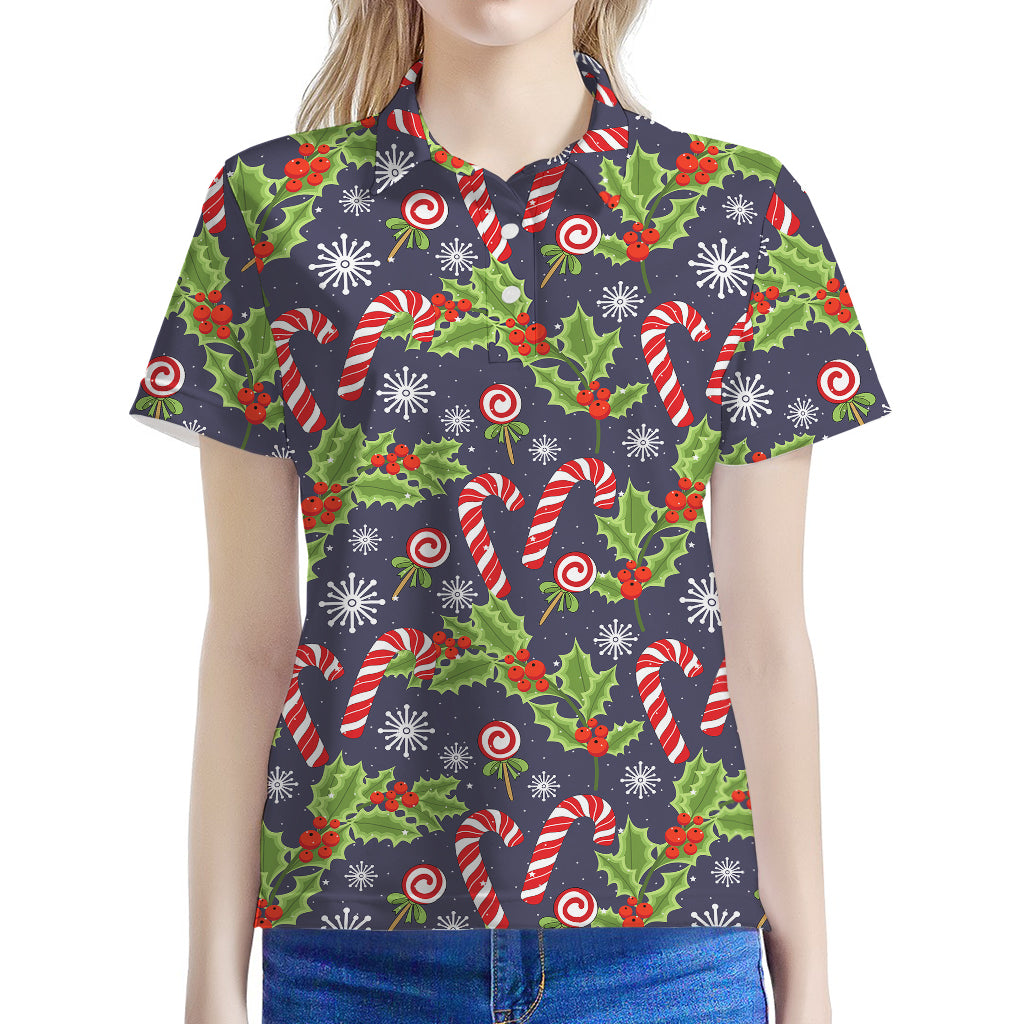 Christmas Berry And Candy Pattern Print Women's Polo Shirt