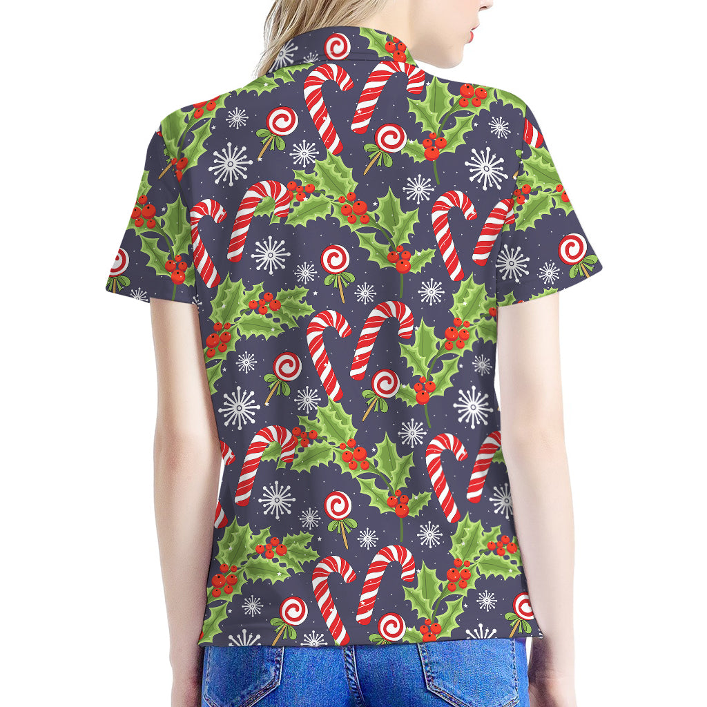 Christmas Berry And Candy Pattern Print Women's Polo Shirt