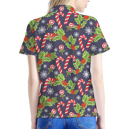 Christmas Berry And Candy Pattern Print Women's Polo Shirt