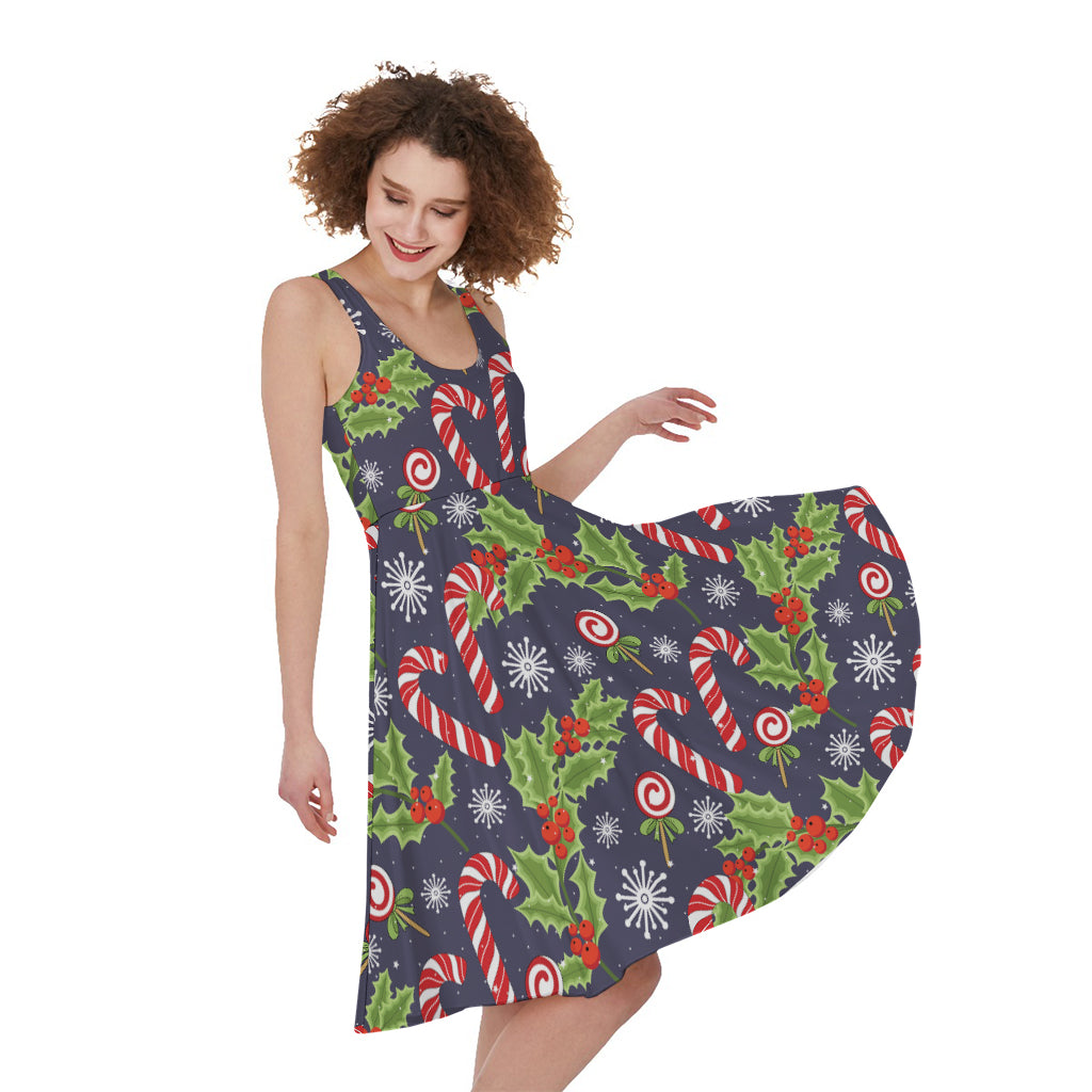 Christmas Berry And Candy Pattern Print Women's Sleeveless Dress