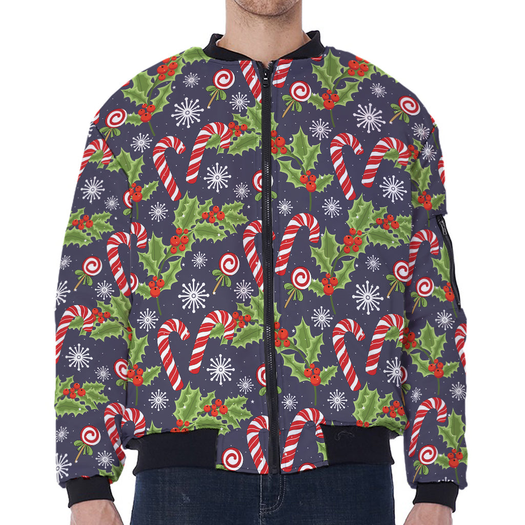 Christmas Berry And Candy Pattern Print Zip Sleeve Bomber Jacket