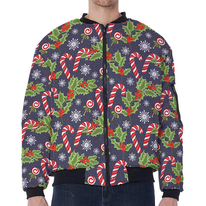 Christmas Berry And Candy Pattern Print Zip Sleeve Bomber Jacket