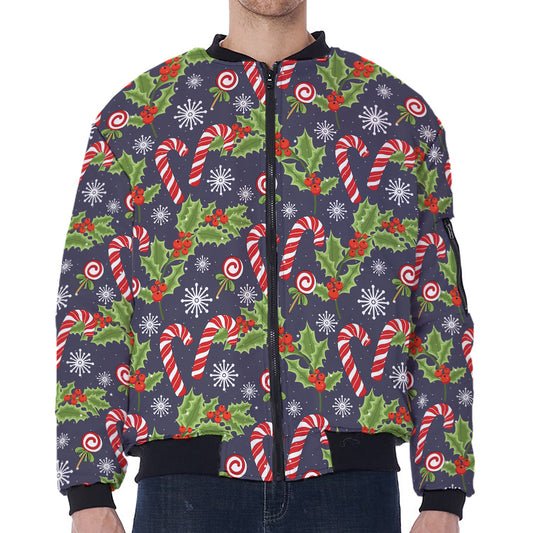 Christmas Berry And Candy Pattern Print Zip Sleeve Bomber Jacket