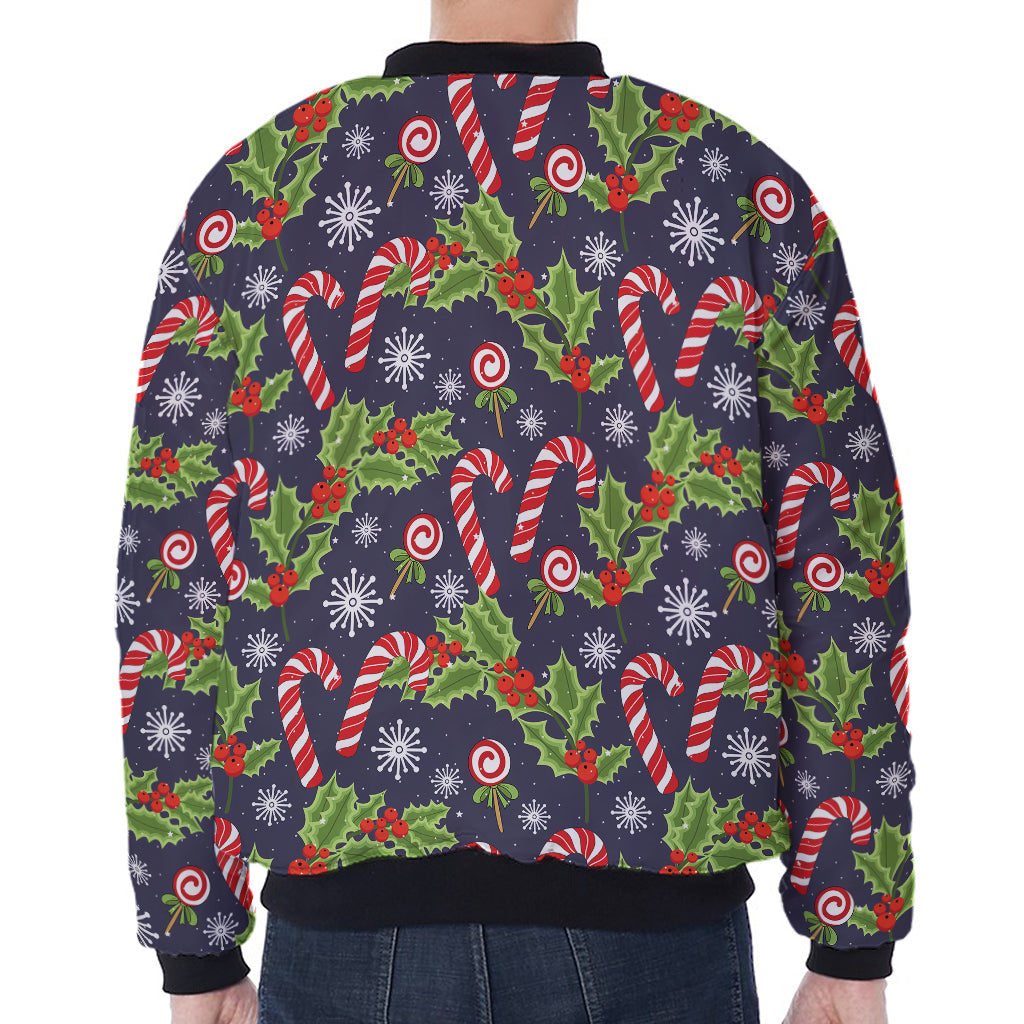 Christmas Berry And Candy Pattern Print Zip Sleeve Bomber Jacket