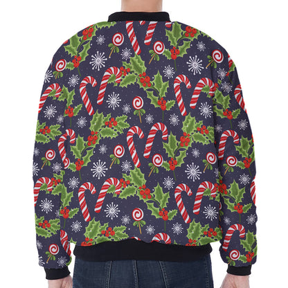 Christmas Berry And Candy Pattern Print Zip Sleeve Bomber Jacket