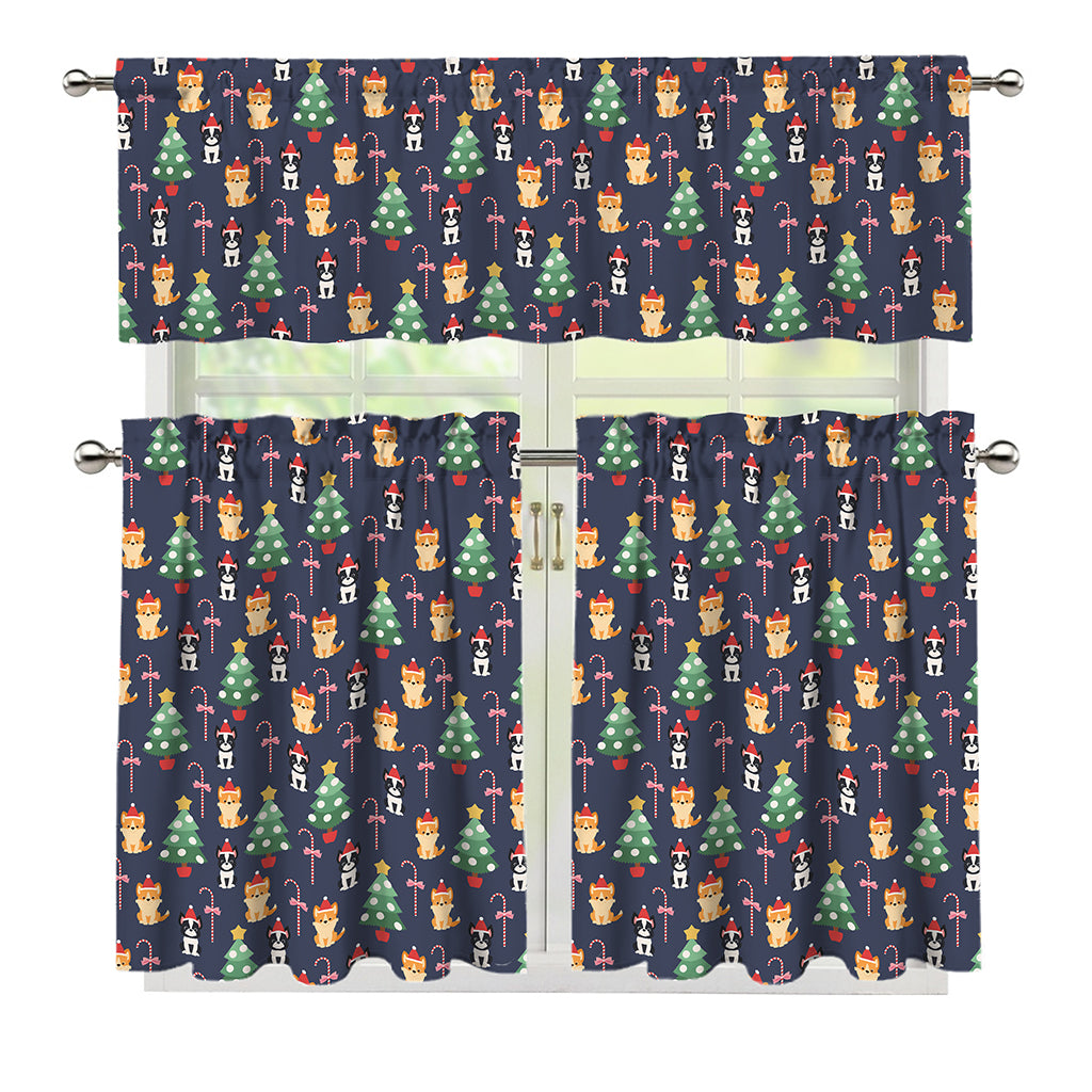 Christmas Boston Terrier And Corgi Print 3 Piece Kitchen Curtains