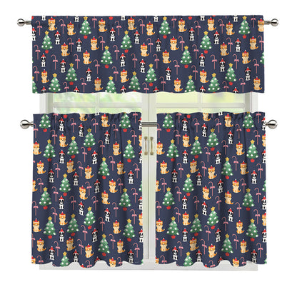 Christmas Boston Terrier And Corgi Print 3 Piece Kitchen Curtains