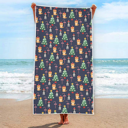 Christmas Boston Terrier And Corgi Print Beach Towel