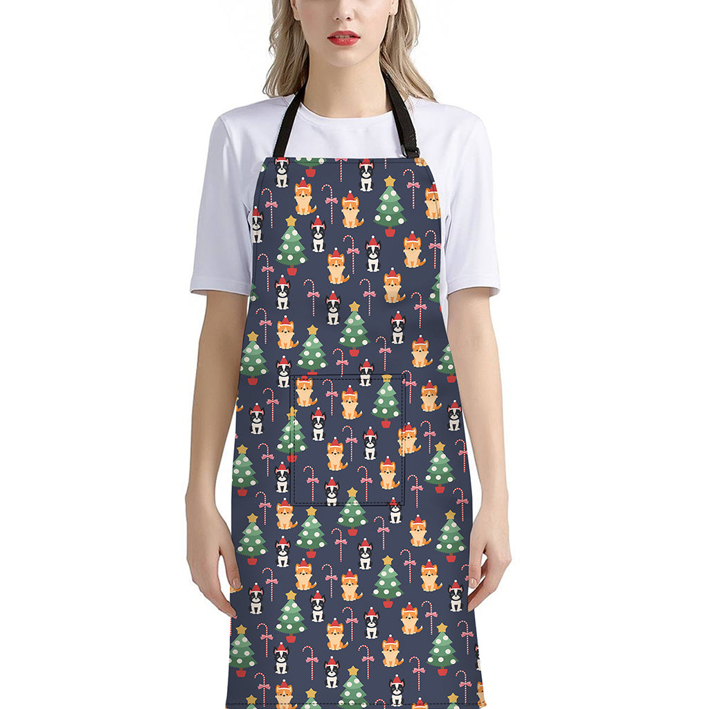 Christmas Boston Terrier And Corgi Print Bib Apron With Pocket