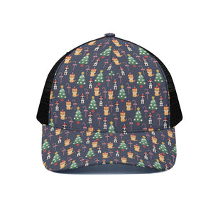 Christmas Boston Terrier And Corgi Print Black Mesh Trucker Cap