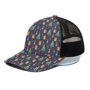 Christmas Boston Terrier And Corgi Print Black Mesh Trucker Cap