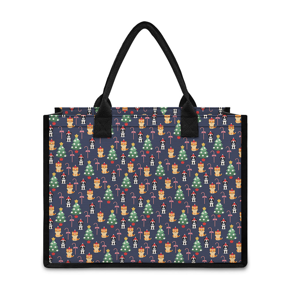 Christmas Boston Terrier And Corgi Print Canvas Tote Bag
