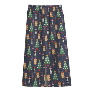 Christmas Boston Terrier And Corgi Print Cotton Front Slit Maxi Skirt