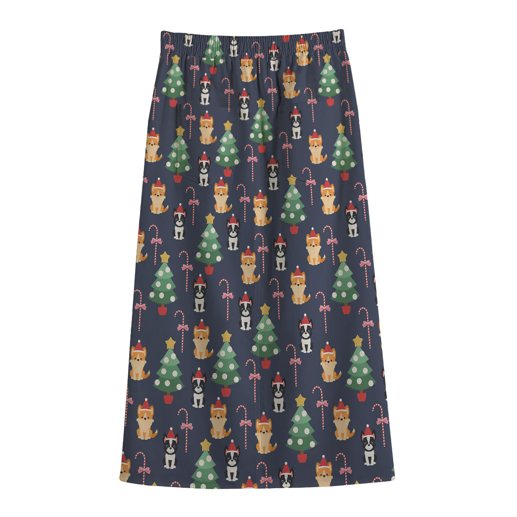 Christmas Boston Terrier And Corgi Print Cotton Front Slit Maxi Skirt