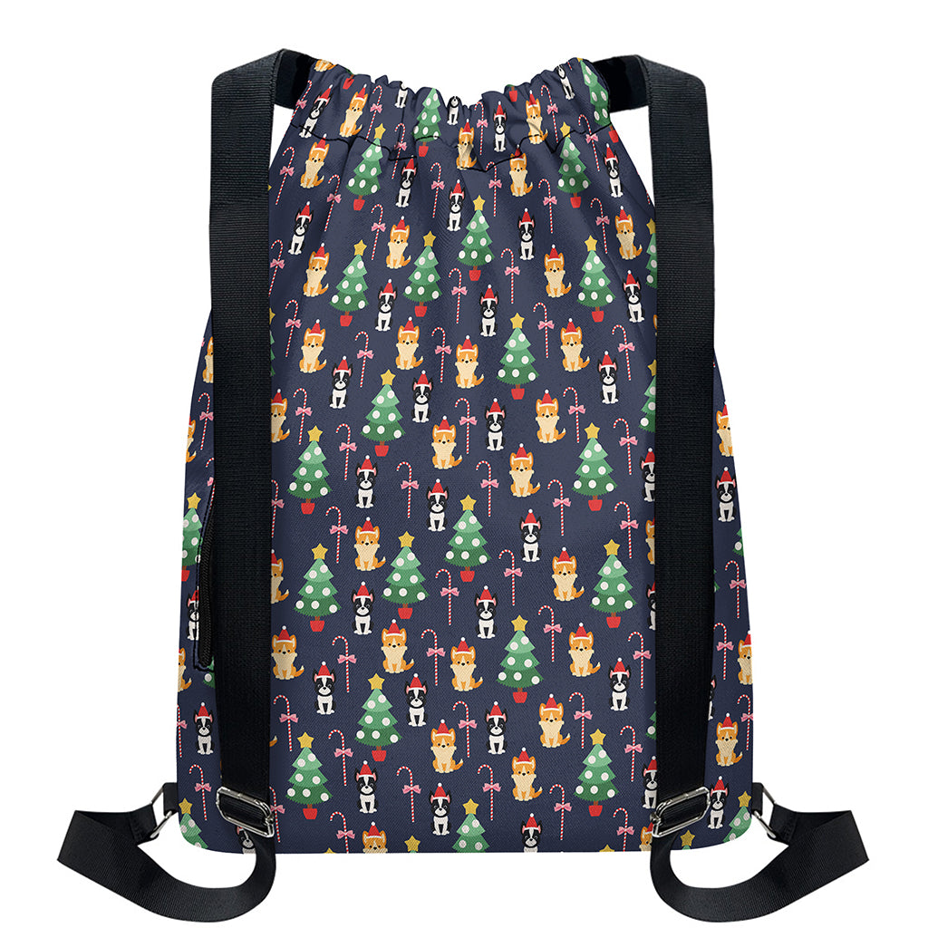 Christmas Boston Terrier And Corgi Print Drawstring Backpack