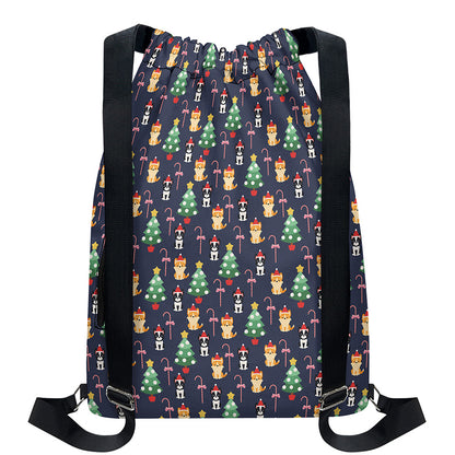 Christmas Boston Terrier And Corgi Print Drawstring Backpack
