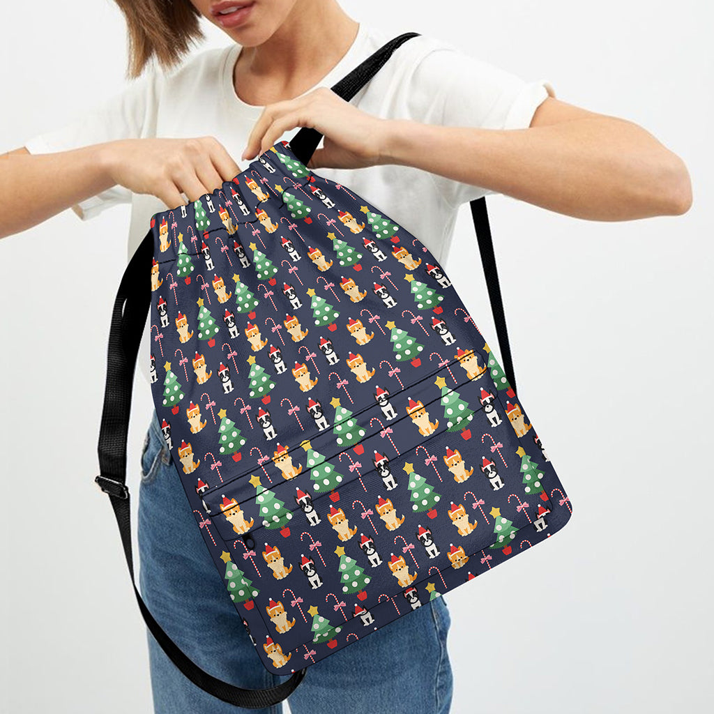 Christmas Boston Terrier And Corgi Print Drawstring Backpack