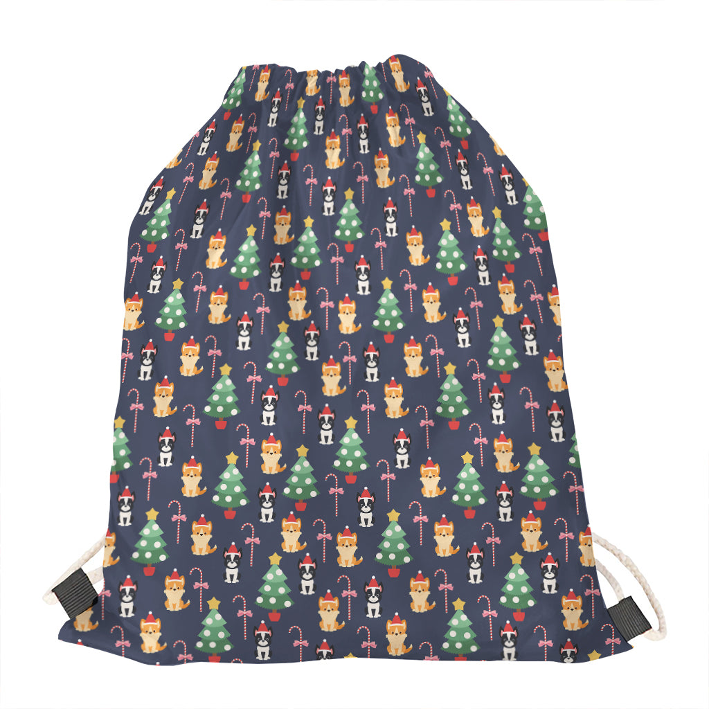 Christmas Boston Terrier And Corgi Print Drawstring Bag