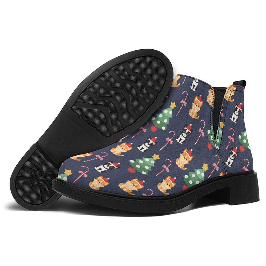 Christmas Boston Terrier And Corgi Print Flat Ankle Boots