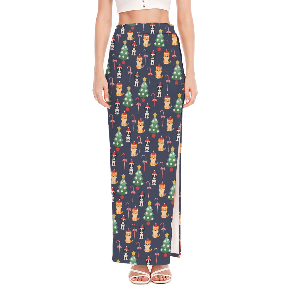 Christmas Boston Terrier And Corgi Print High Slit Maxi Skirt