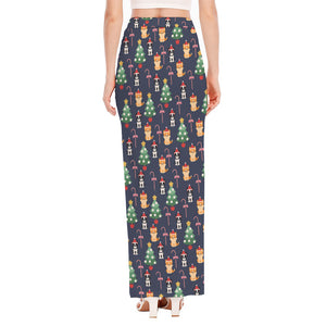 Christmas Boston Terrier And Corgi Print High Slit Maxi Skirt