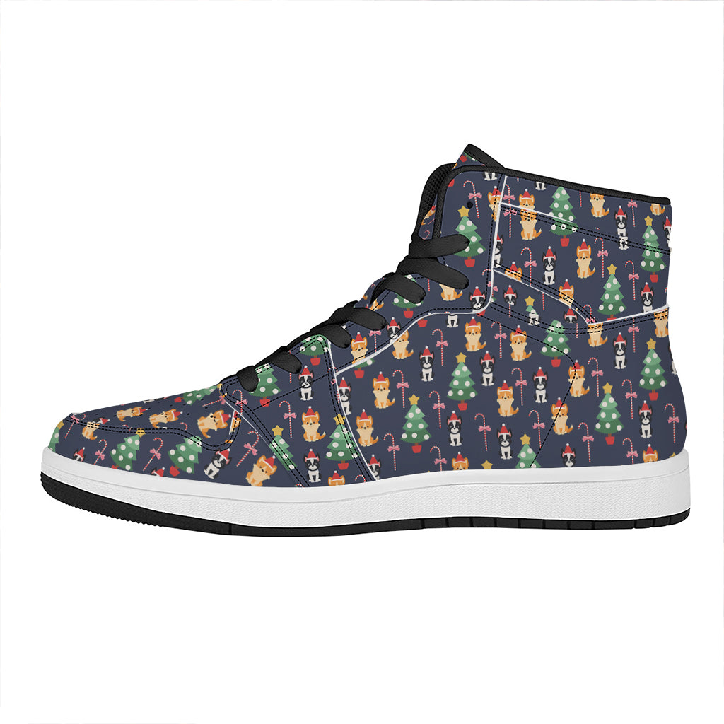 Christmas Boston Terrier And Corgi Print High Top Leather Sneakers