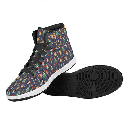 Christmas Boston Terrier And Corgi Print High Top Leather Sneakers