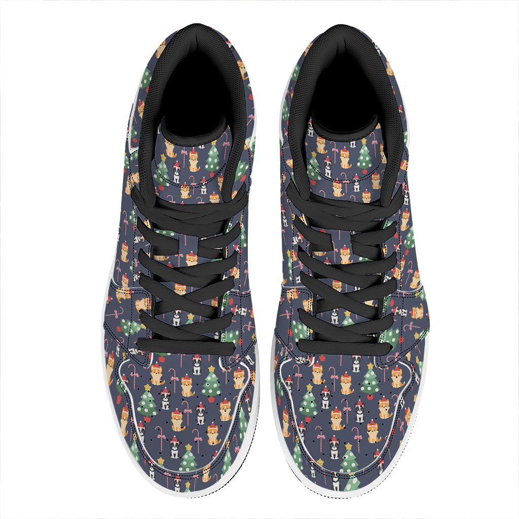 Christmas Boston Terrier And Corgi Print High Top Leather Sneakers