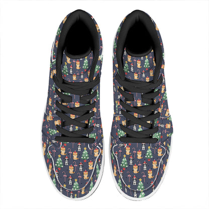 Christmas Boston Terrier And Corgi Print High Top Leather Sneakers