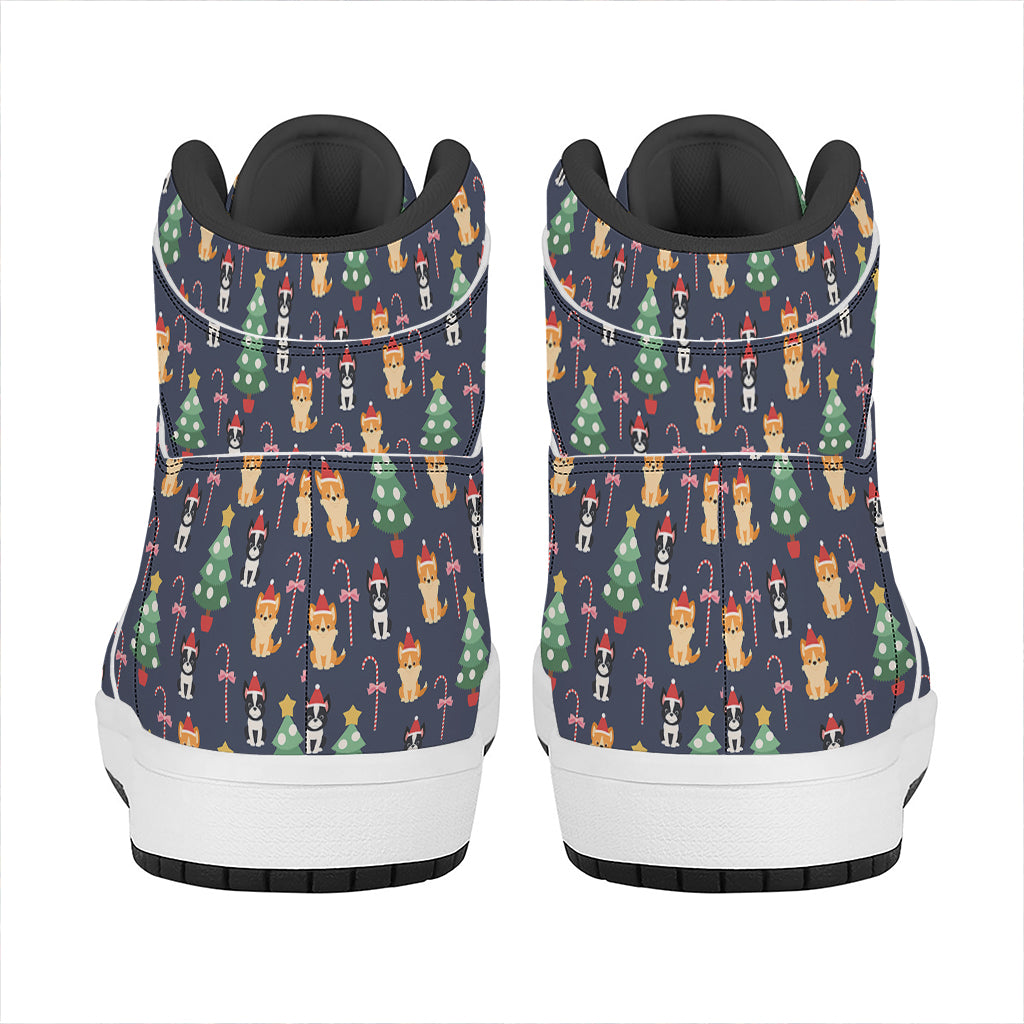 Christmas Boston Terrier And Corgi Print High Top Leather Sneakers