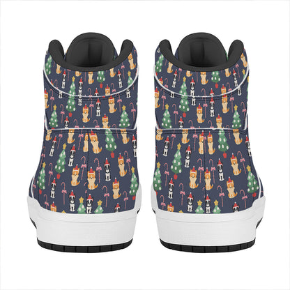 Christmas Boston Terrier And Corgi Print High Top Leather Sneakers