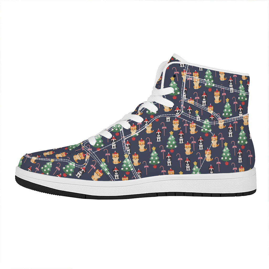 Christmas Boston Terrier And Corgi Print High Top Leather Sneakers