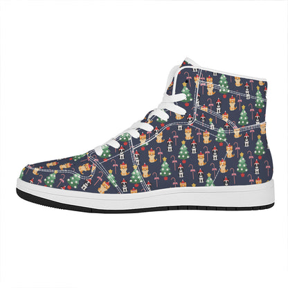 Christmas Boston Terrier And Corgi Print High Top Leather Sneakers