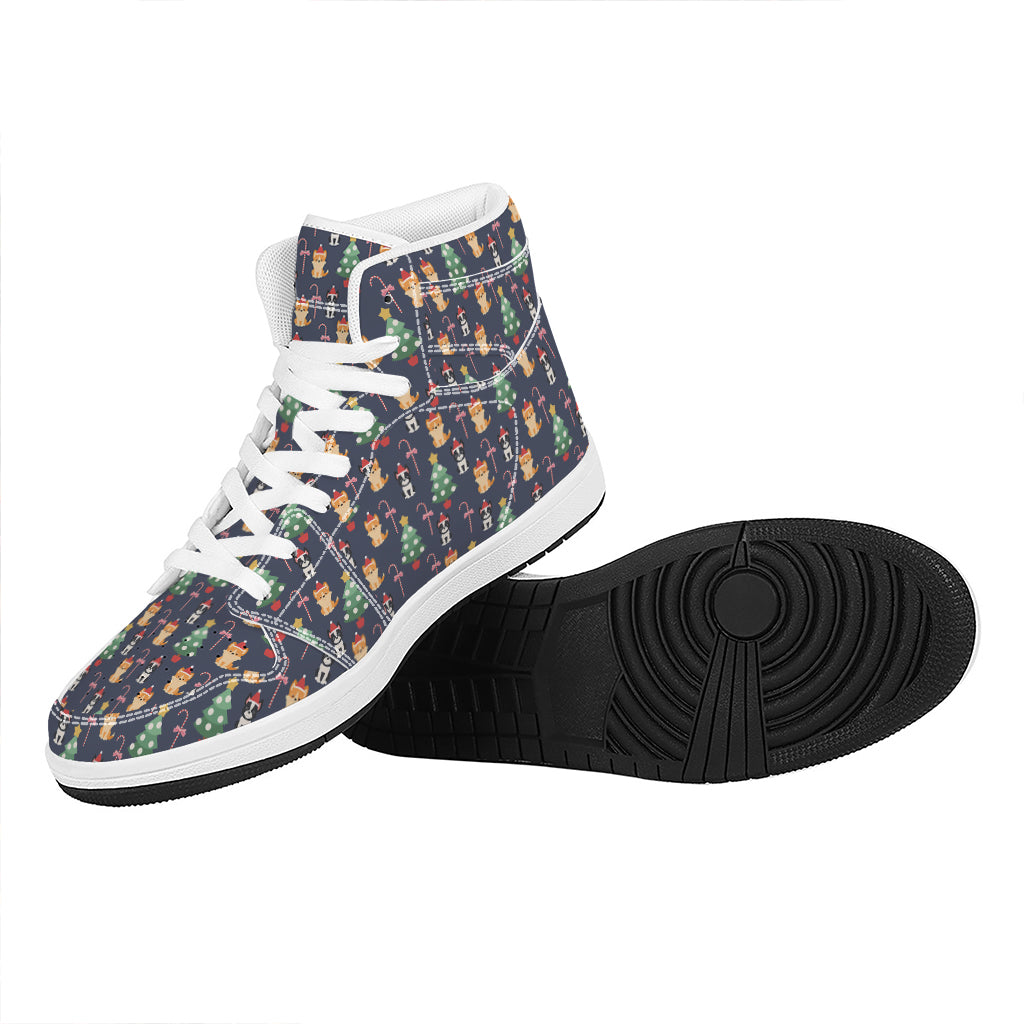 Christmas Boston Terrier And Corgi Print High Top Leather Sneakers