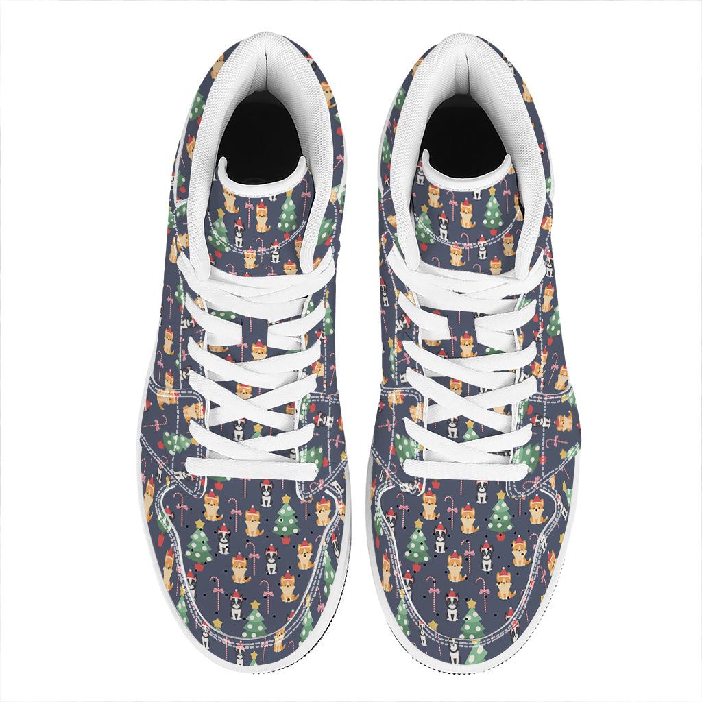 Christmas Boston Terrier And Corgi Print High Top Leather Sneakers