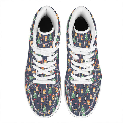 Christmas Boston Terrier And Corgi Print High Top Leather Sneakers