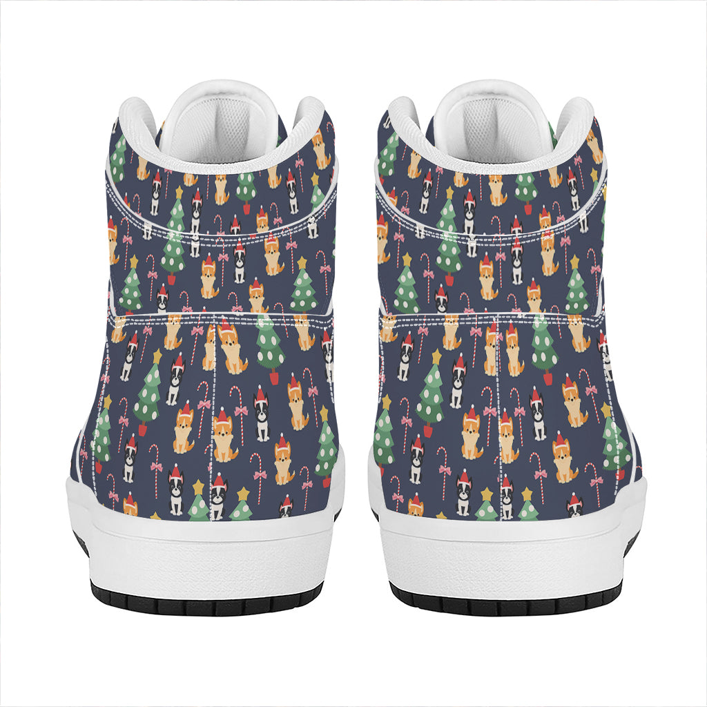 Christmas Boston Terrier And Corgi Print High Top Leather Sneakers
