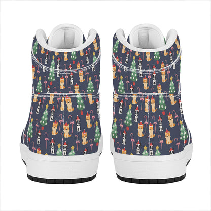Christmas Boston Terrier And Corgi Print High Top Leather Sneakers