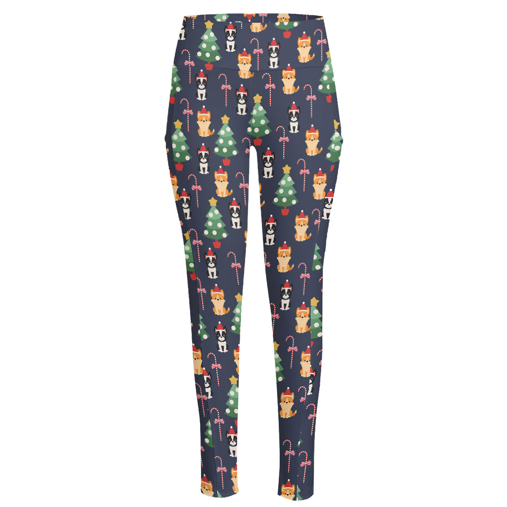 Christmas Boston Terrier And Corgi Print High-Waisted Pocket Leggings