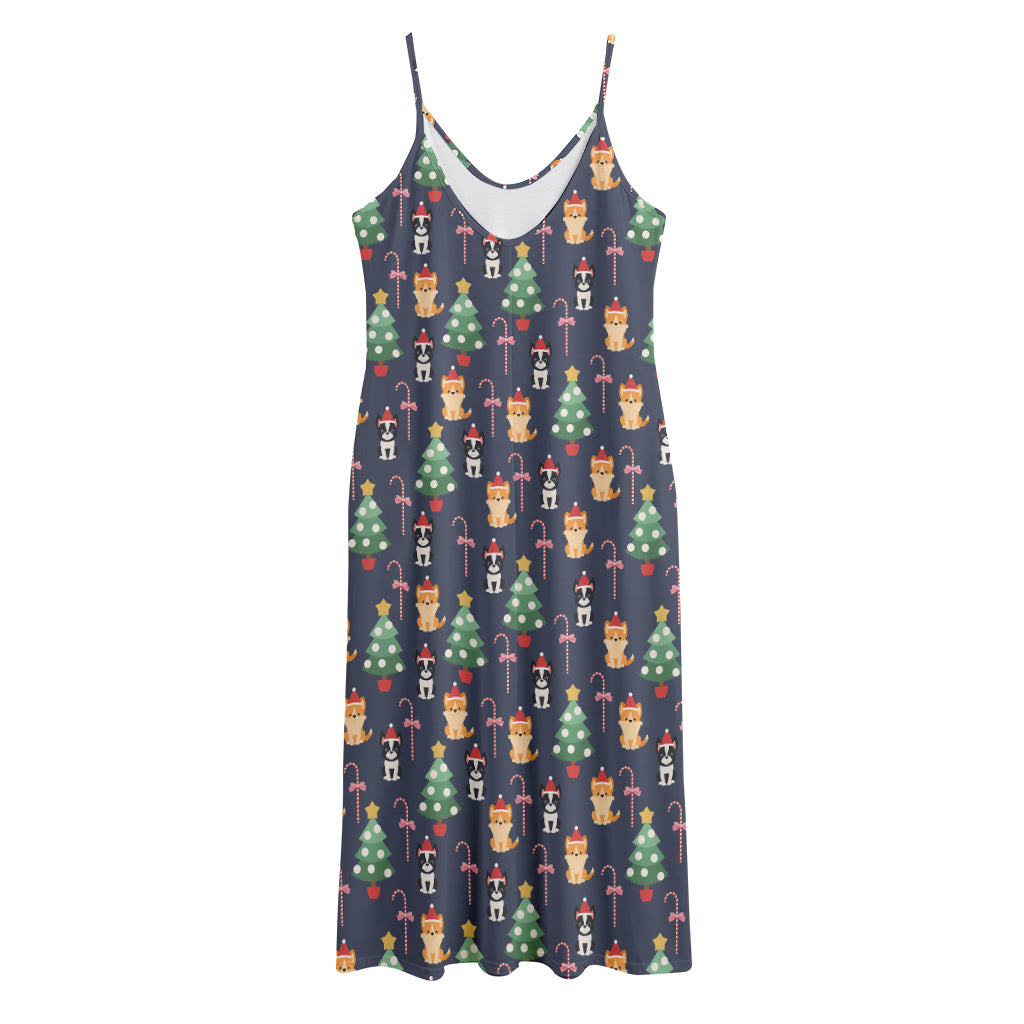 Christmas Boston Terrier And Corgi Print Jersey Midi Cami Dress