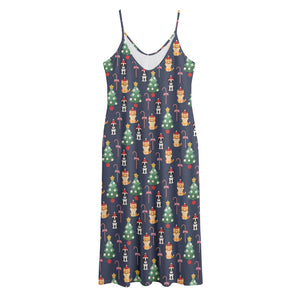 Christmas Boston Terrier And Corgi Print Jersey Midi Cami Dress