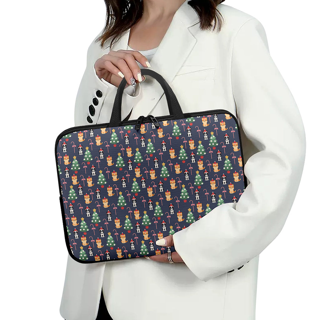Christmas Boston Terrier And Corgi Print Laptop Sleeve With Handle