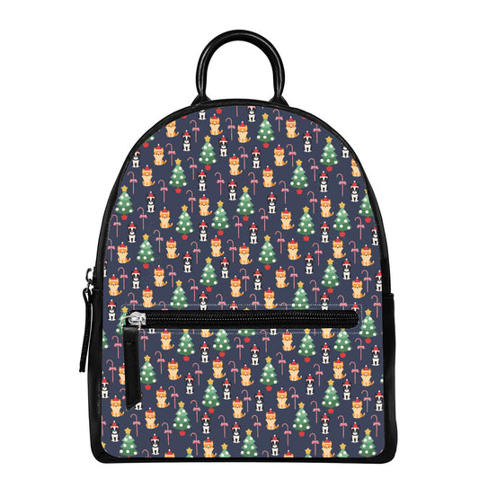 Christmas Boston Terrier And Corgi Print Leather Backpack